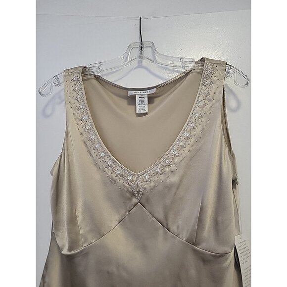 Nine West Y2k Babydoll Blouse Sleeveless Silk Champagne Beaded Detail 12 NWT - Picture 2 of 8